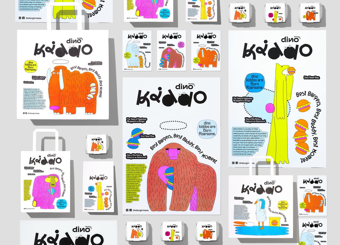 Dino Kiddo brand applications across various touchpoints