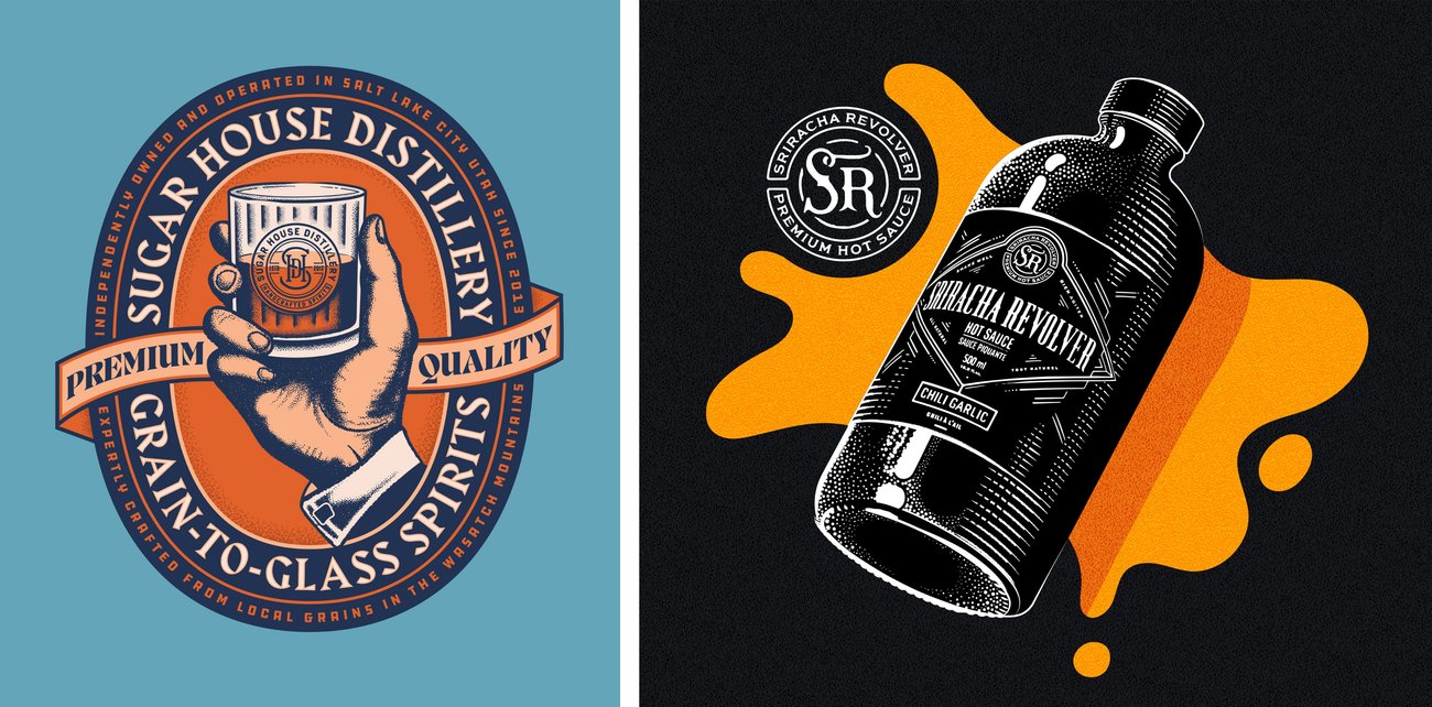 T-shirt designs for Sugar House Distillery and Sriracha Revolver by Ben Didier