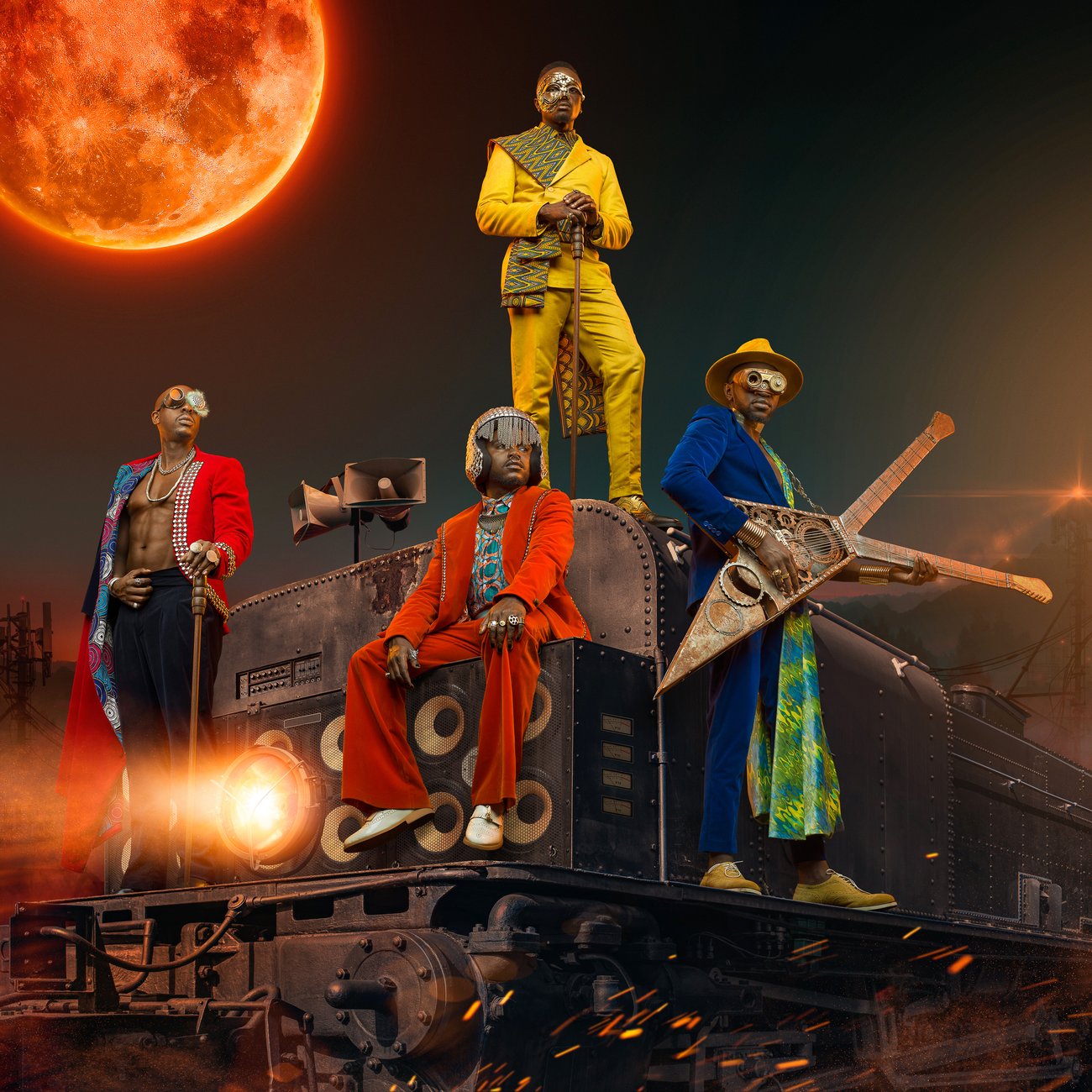 Four Black men in colorful suits and steam punk accessories standing on moving train with speakers and a futuristic guitar instrument under a red full moon