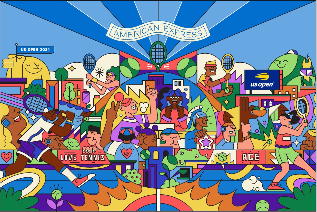 Colorful mural illustration with bold lines and vibrant yellow and blue colors by Russell Abrahams