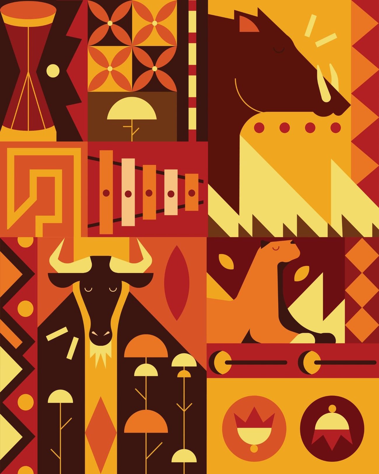 Bold character design illustration with geometric patterns by Russell Abrahams