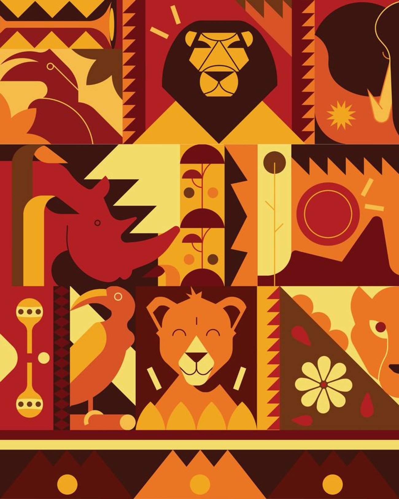 Colorful character illustration with African-inspired patterns by Russell Abrahams