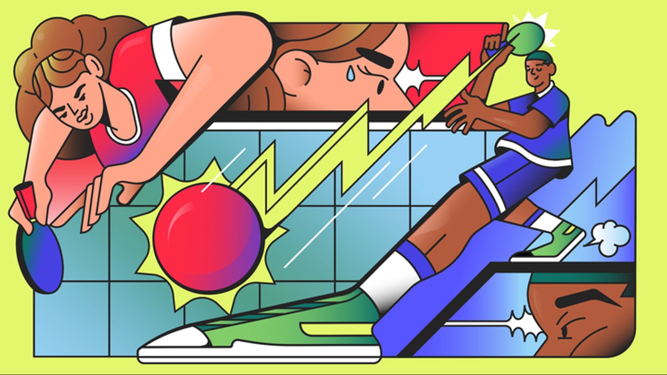 Bold geometric illustration with vibrant colors and patterns by Russell Abrahams