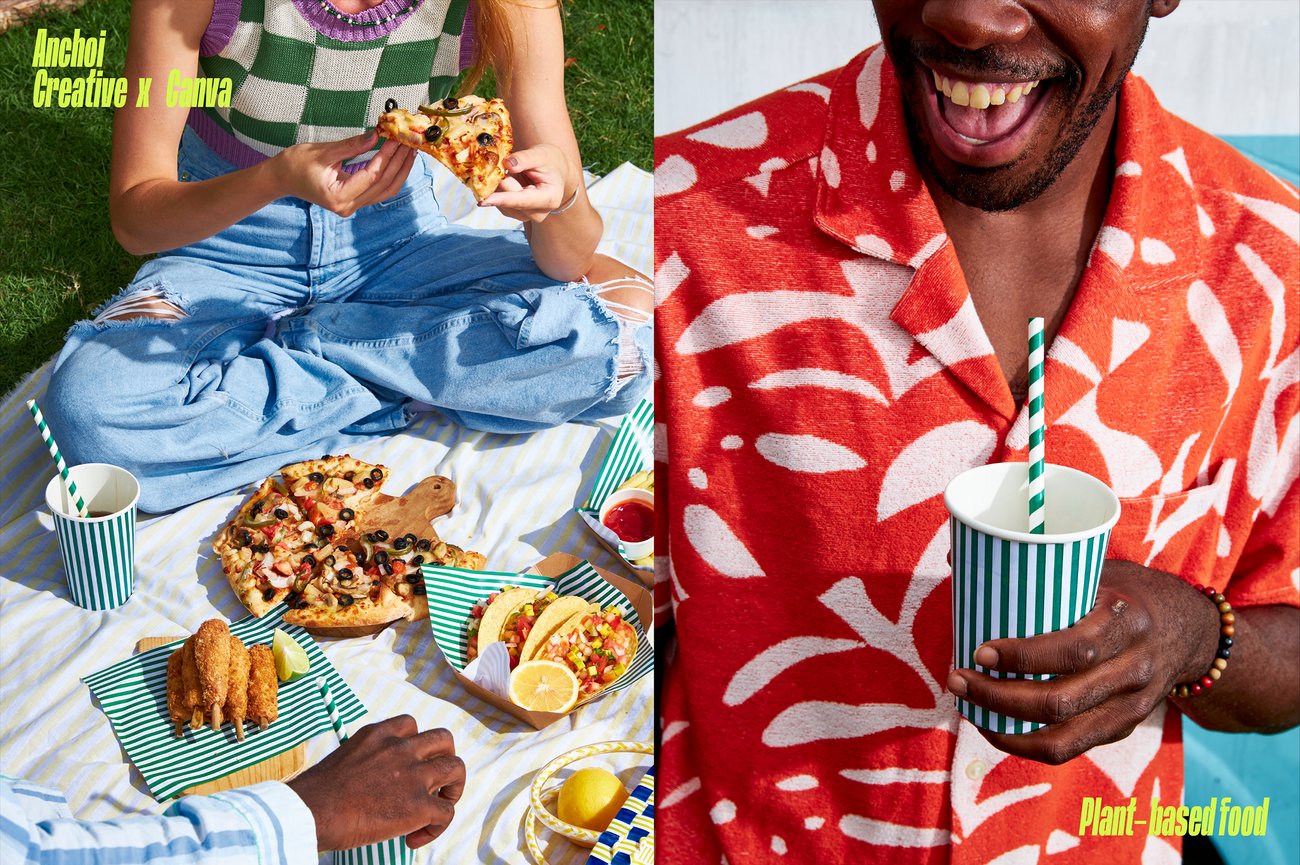 Woman in baggy blue jeans picking up pizza slice from picnic spread with tacos and skewers / Smiling Black man in red patterned shirt holding drink in green striped cup with green striped straw